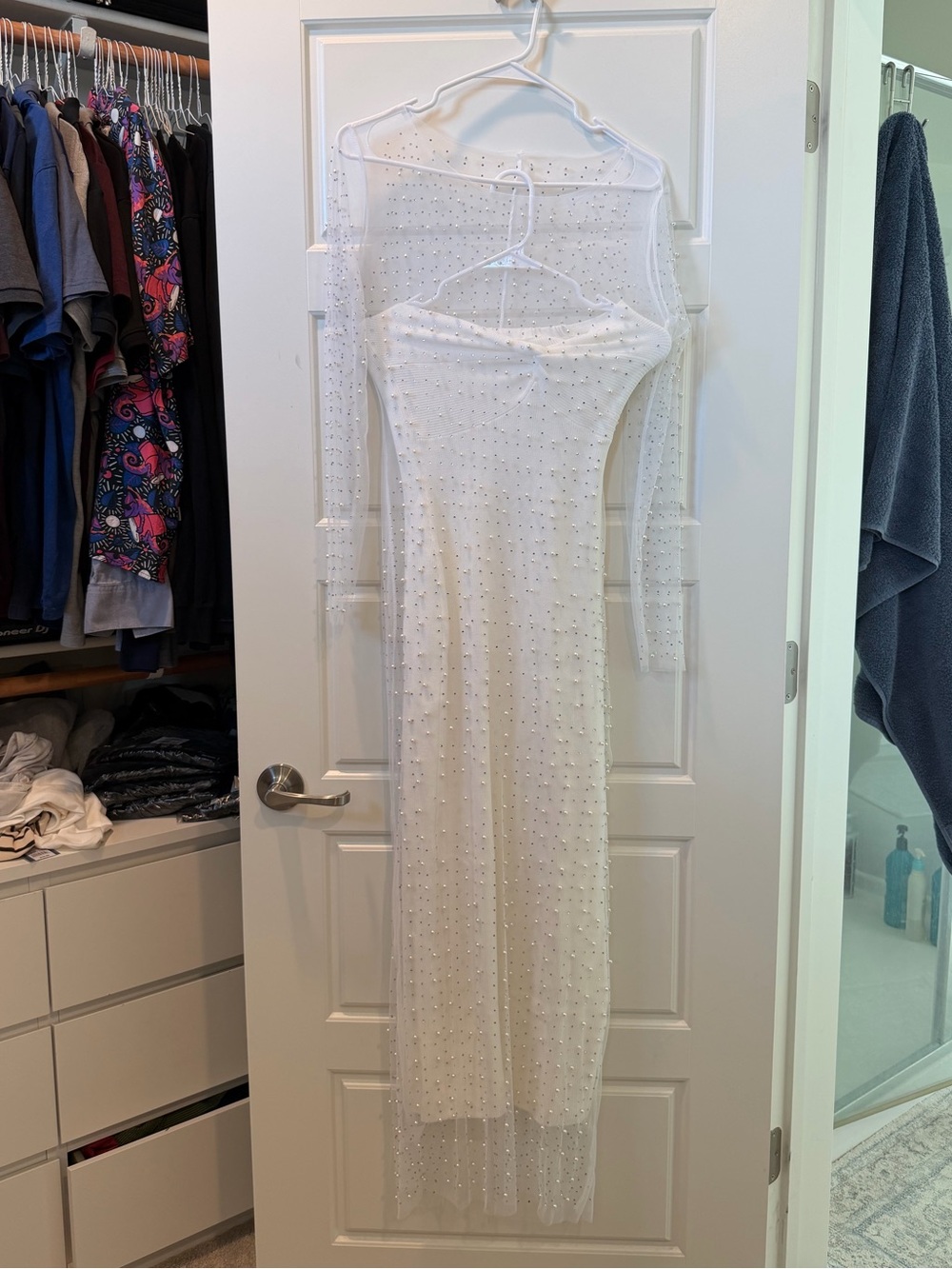 Amazon White Sheer Embellished Long Sleeve Maxi Dress